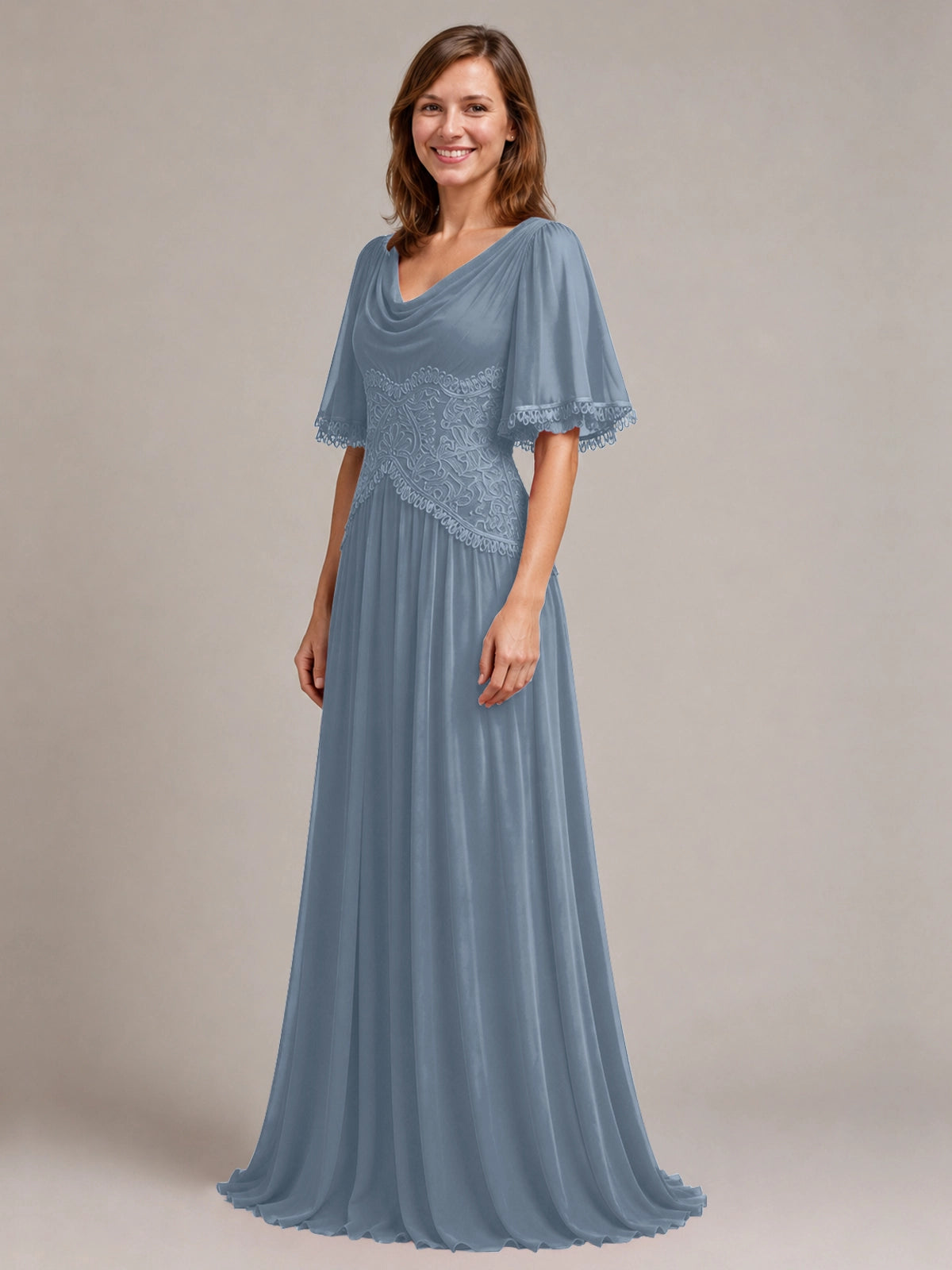 Cowl Neck Mother of the Bride Dress with Applique 