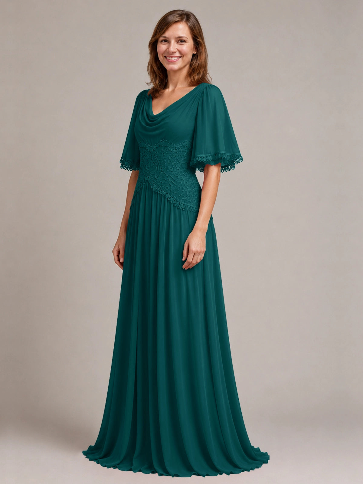 Cowl Neck Mother of the Bride Dress with Applique 