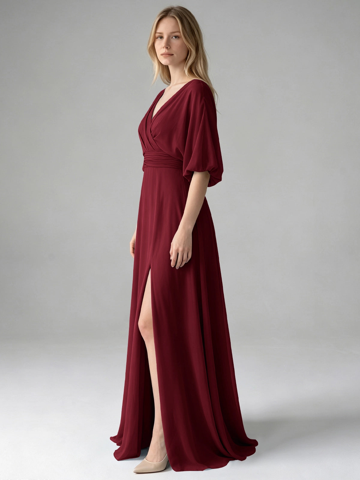 V-neck Slit Ruched Mother Dress 