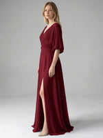 V-neck Slit Ruched Mother Dress 