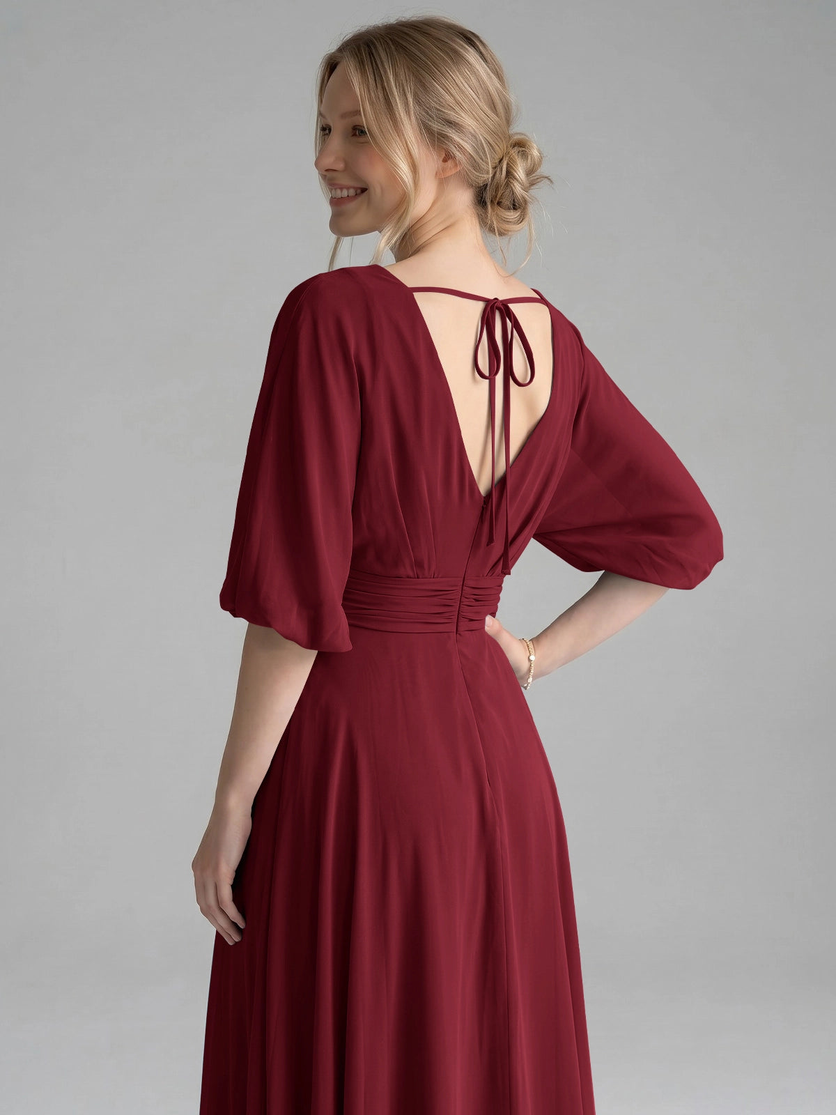 V-neck Slit Ruched Mother Dress 