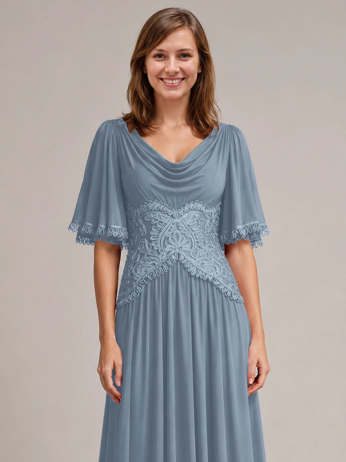 Cowl Neck Mother of the Bride Dress with Applique 