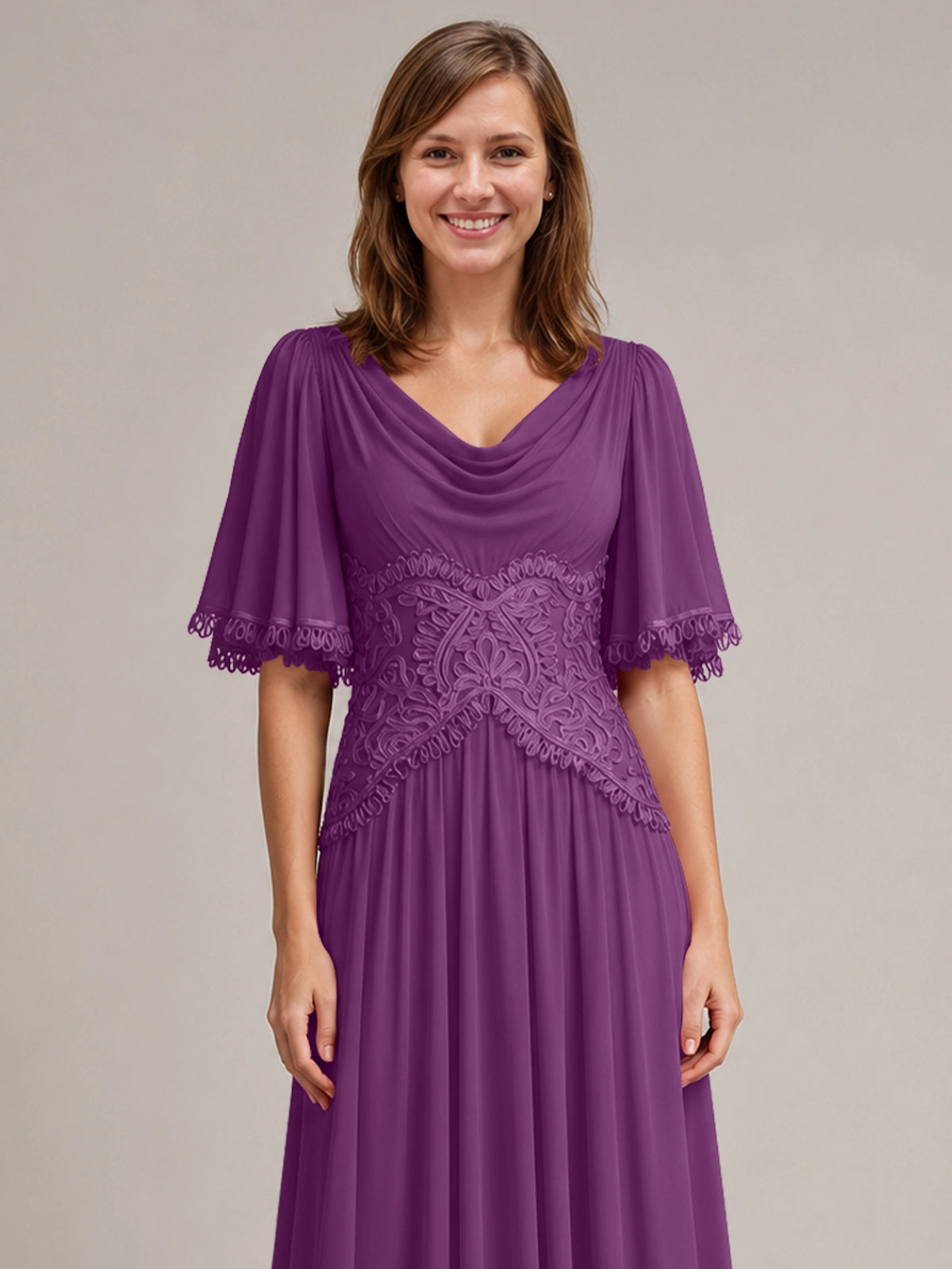 Cowl Neck Mother of the Bride Dress with Applique 