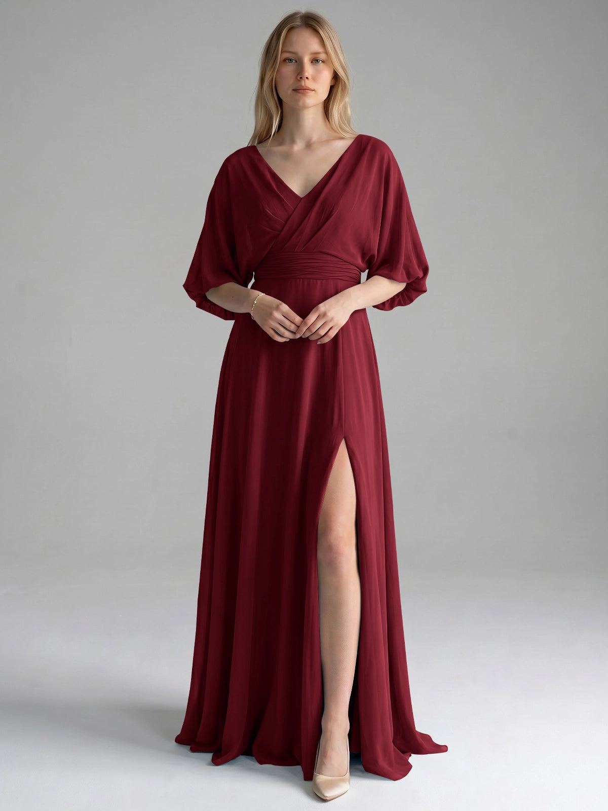 V-neck Slit Ruched Mother Dress 