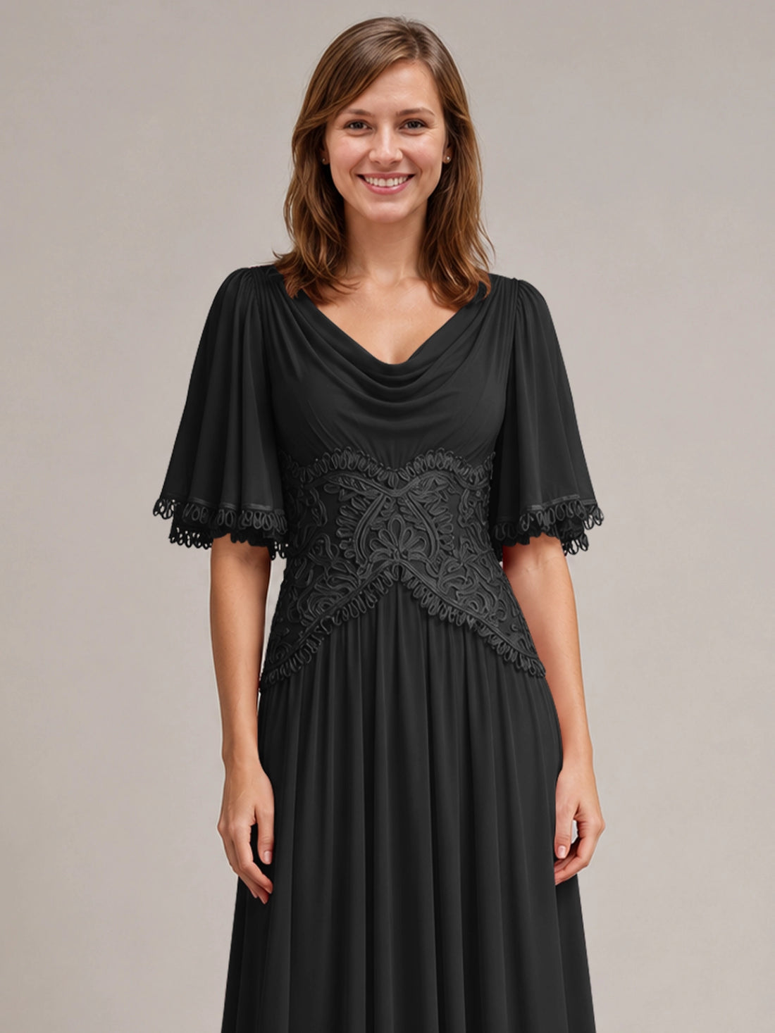 Cowl Neck Mother of the Bride Dress with Applique 