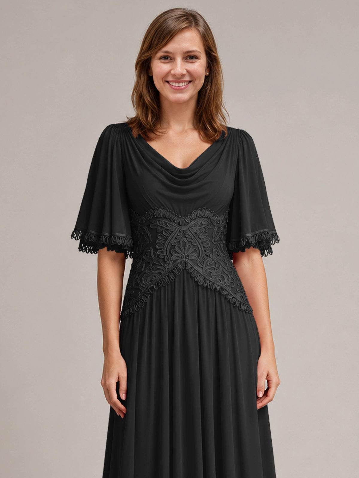 Cowl Neck Mother of the Bride Dress with Applique 