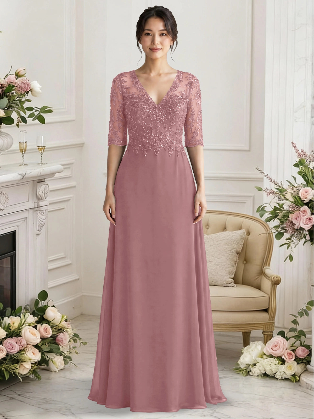 Lace Mother of the Bride Dress with Half Sleeves