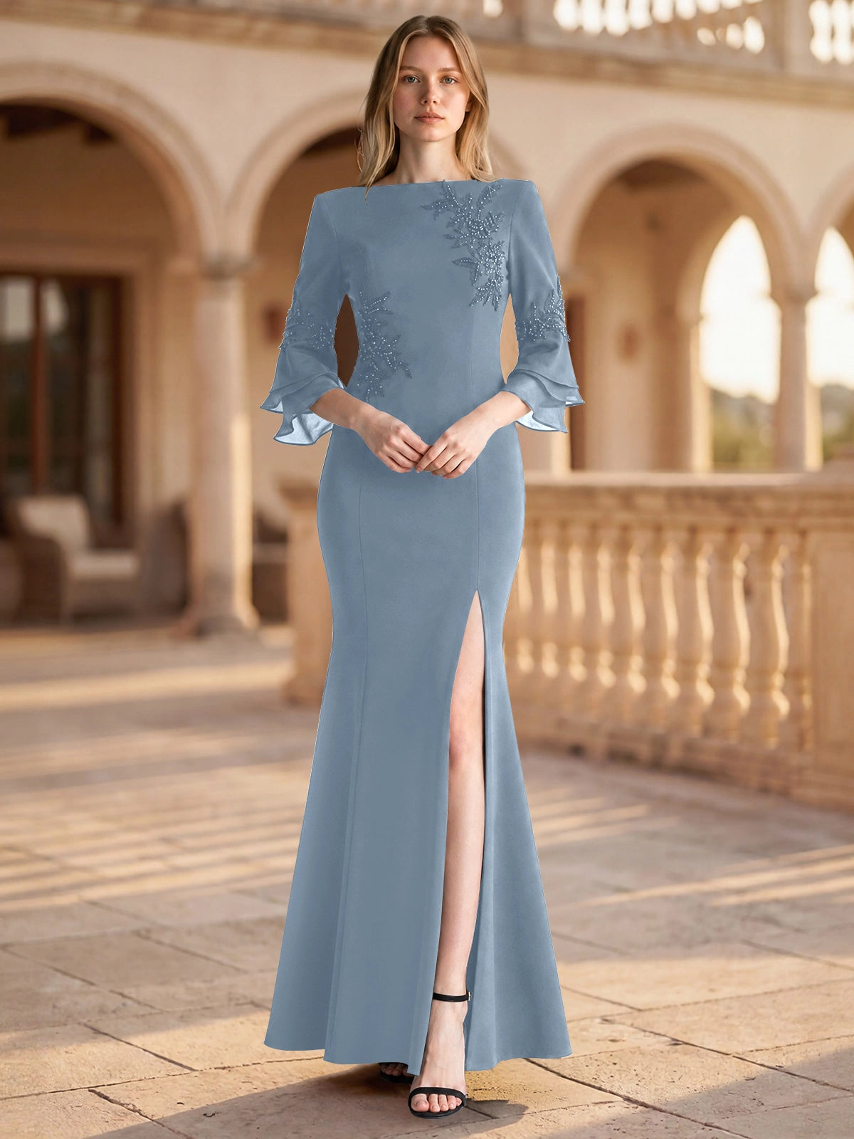 Chiffon Mother of the Bride Dress with 3/4 Sleeves
