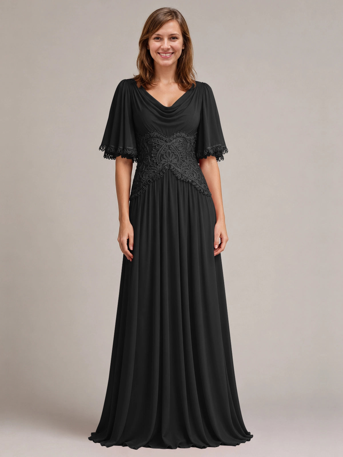Cowl Neck Mother of the Bride Dress with Applique 