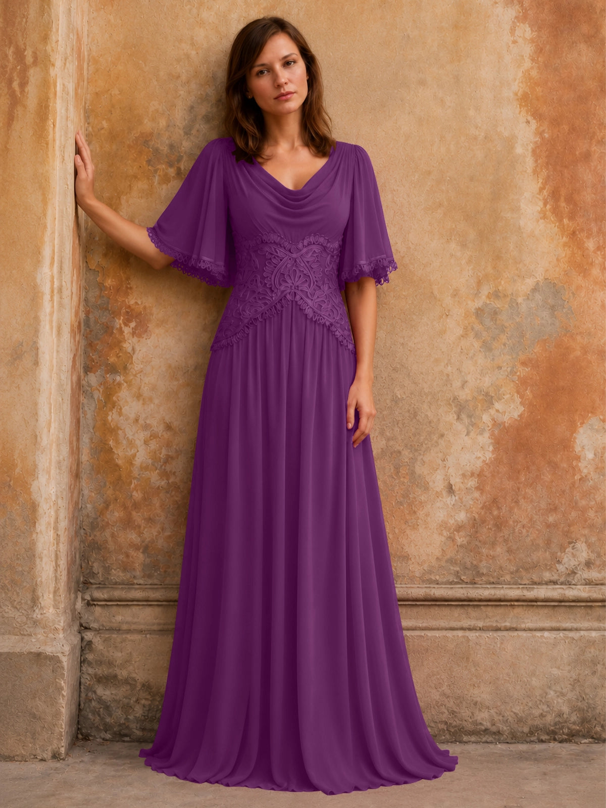 Cowl Neck Mother of the Bride Dress with Applique 