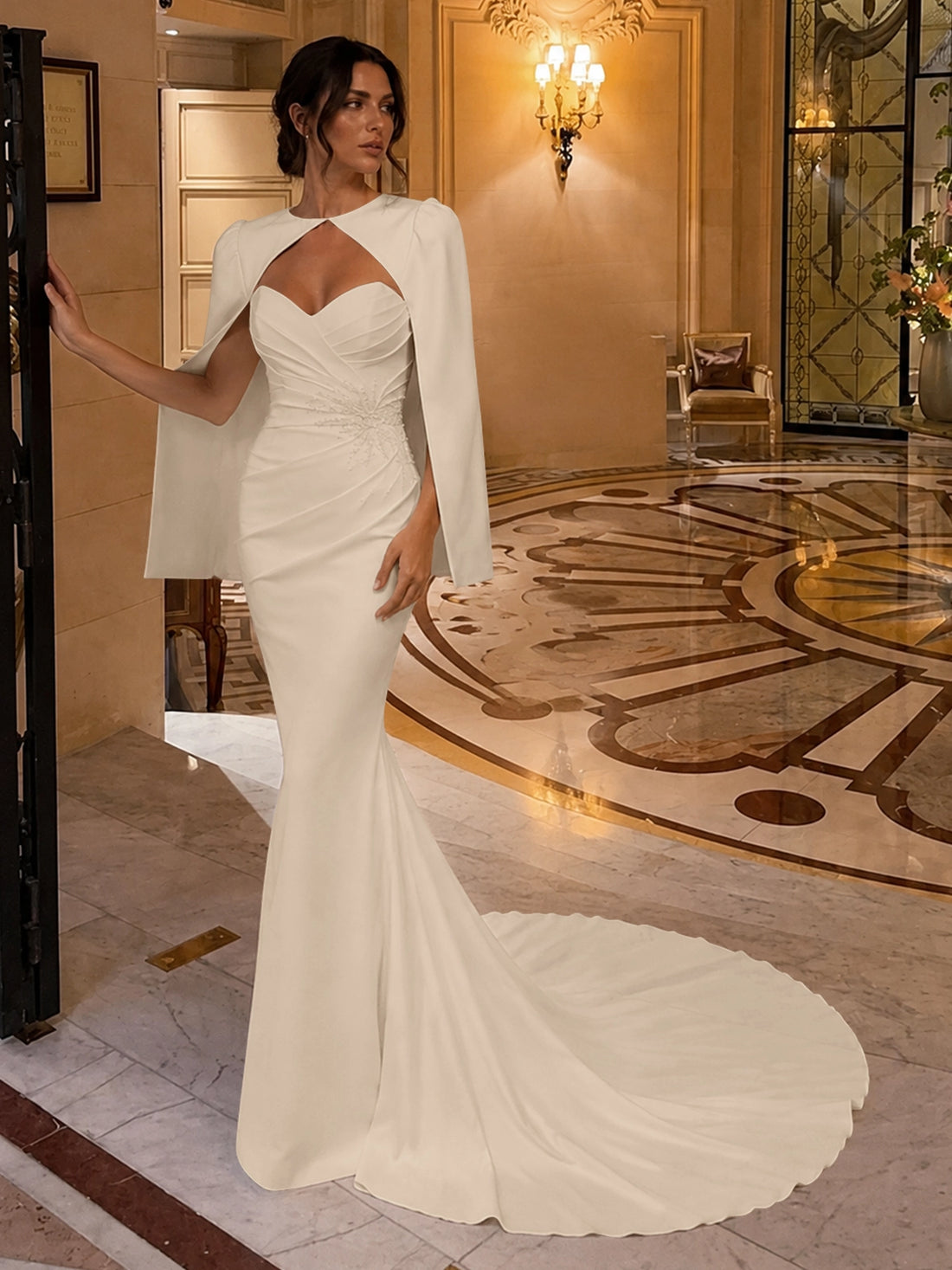 Stretch Satin Wedding Dress with Cape