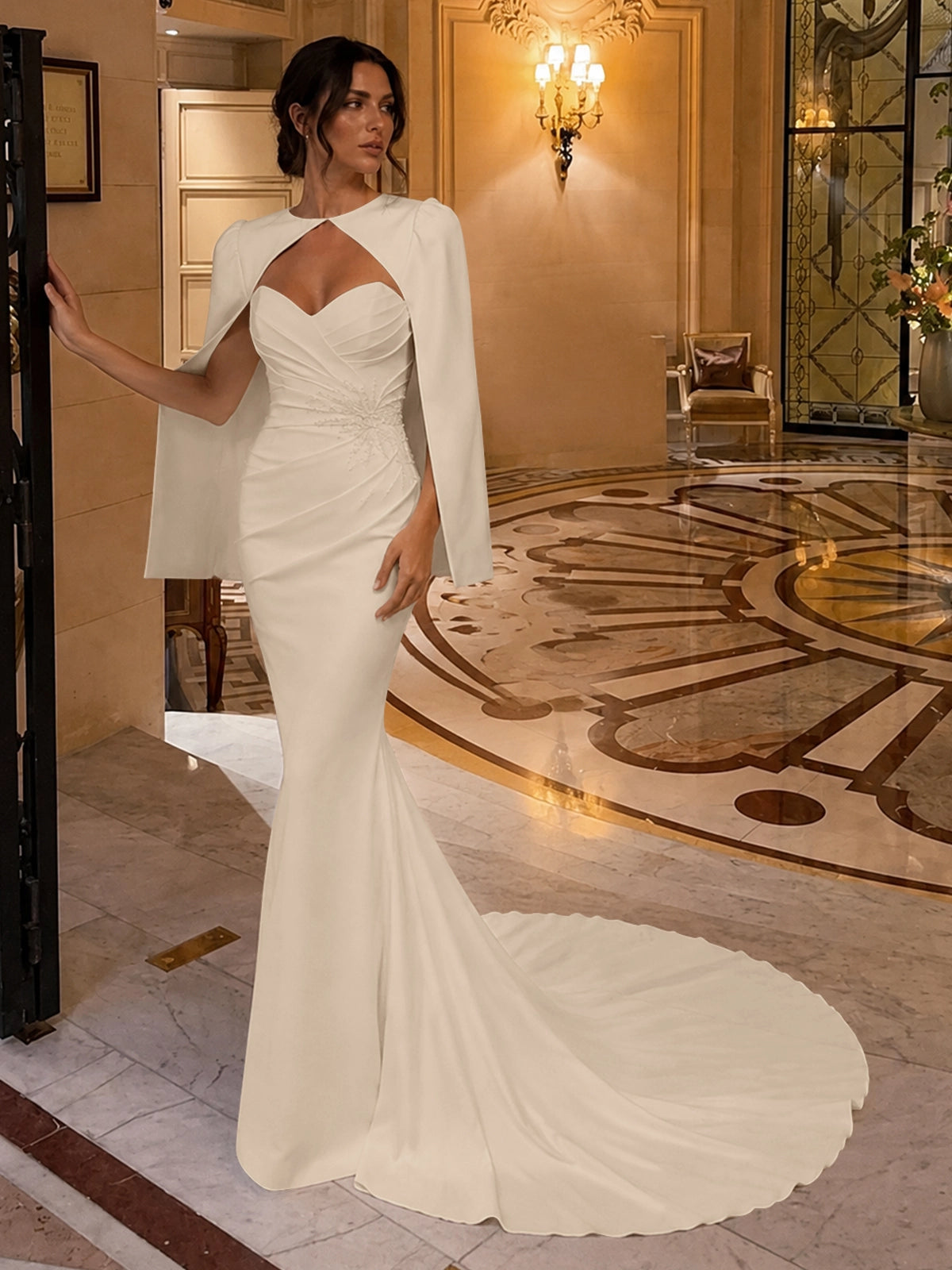 Stretch Satin Wedding Dress with Cape
