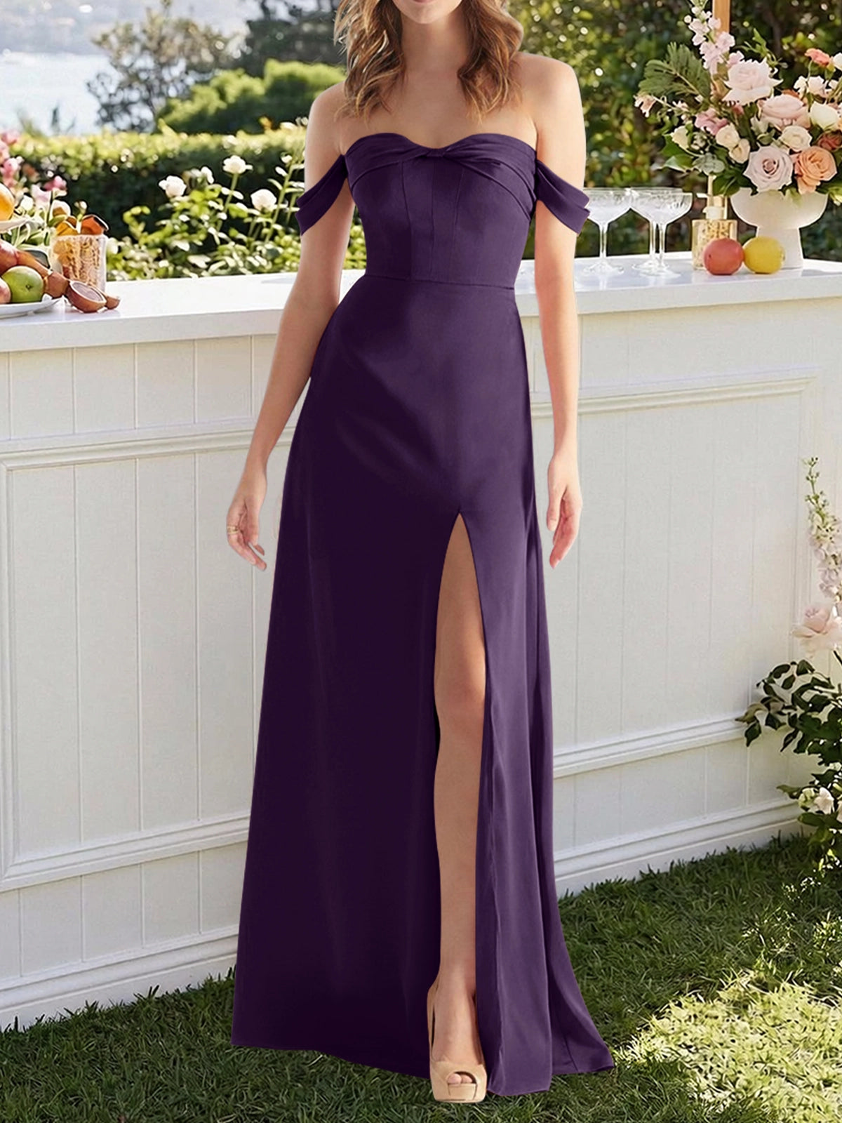 Off-the-Shoulder Slit Bridesmaid Dress 