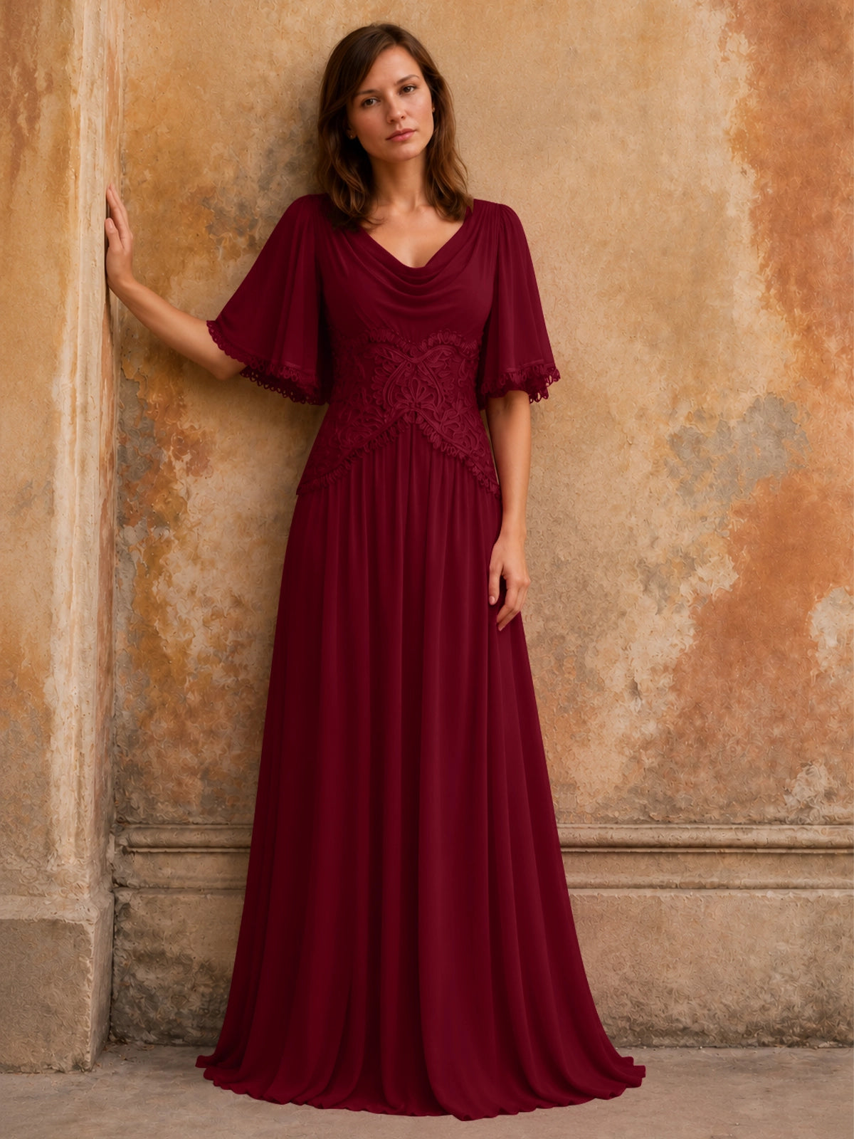 Cowl Neck Mother of the Bride Dress with Applique 