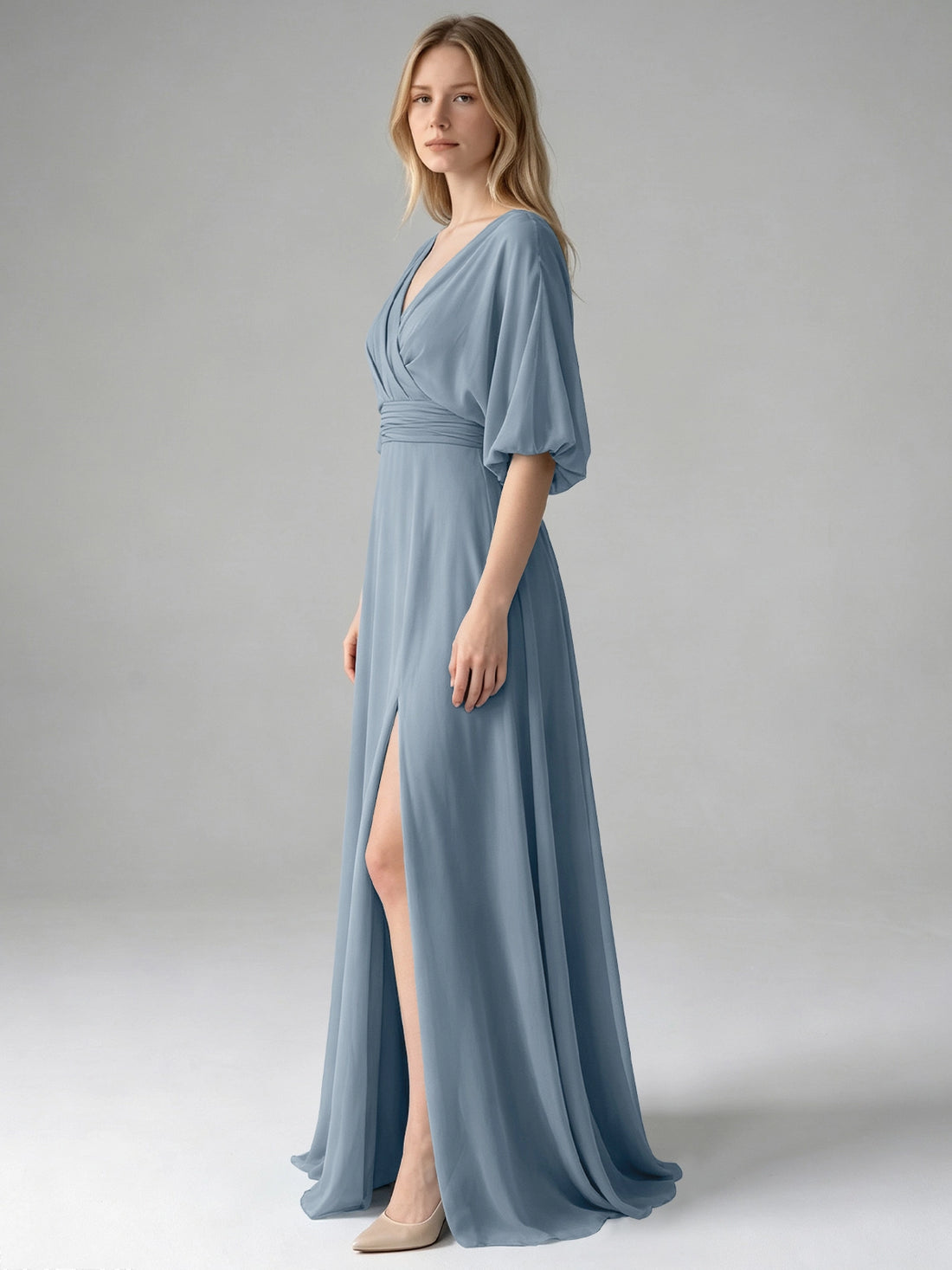 V-neck Slit Ruched Mother Dress 