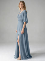 V-neck Slit Ruched Mother Dress 