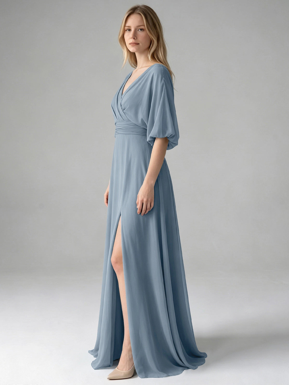 V-neck Slit Ruched Mother Dress 