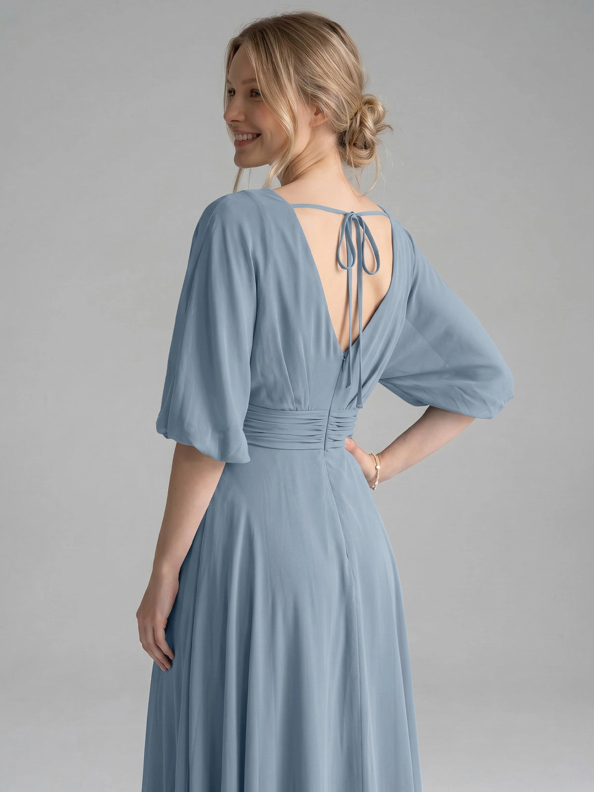 V-neck Slit Ruched Mother Dress 