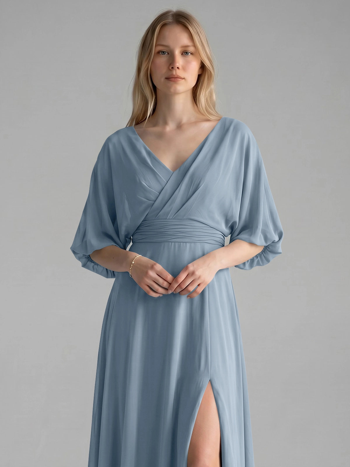 V-neck Slit Ruched Mother Dress 
