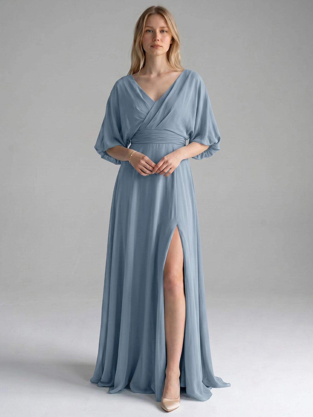 V-neck Slit Ruched Mother Dress 
