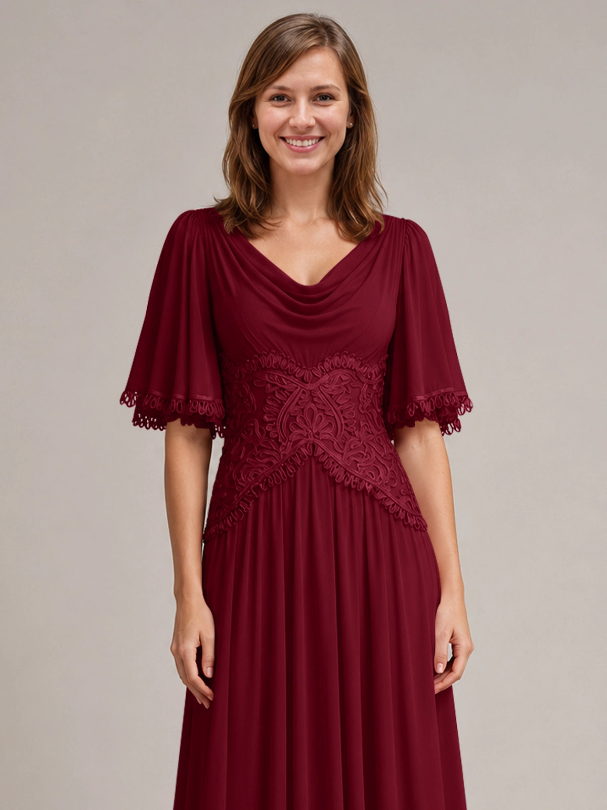 Cowl Neck Mother of the Bride Dress with Applique 