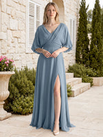 V-neck Slit Ruched Mother Dress 