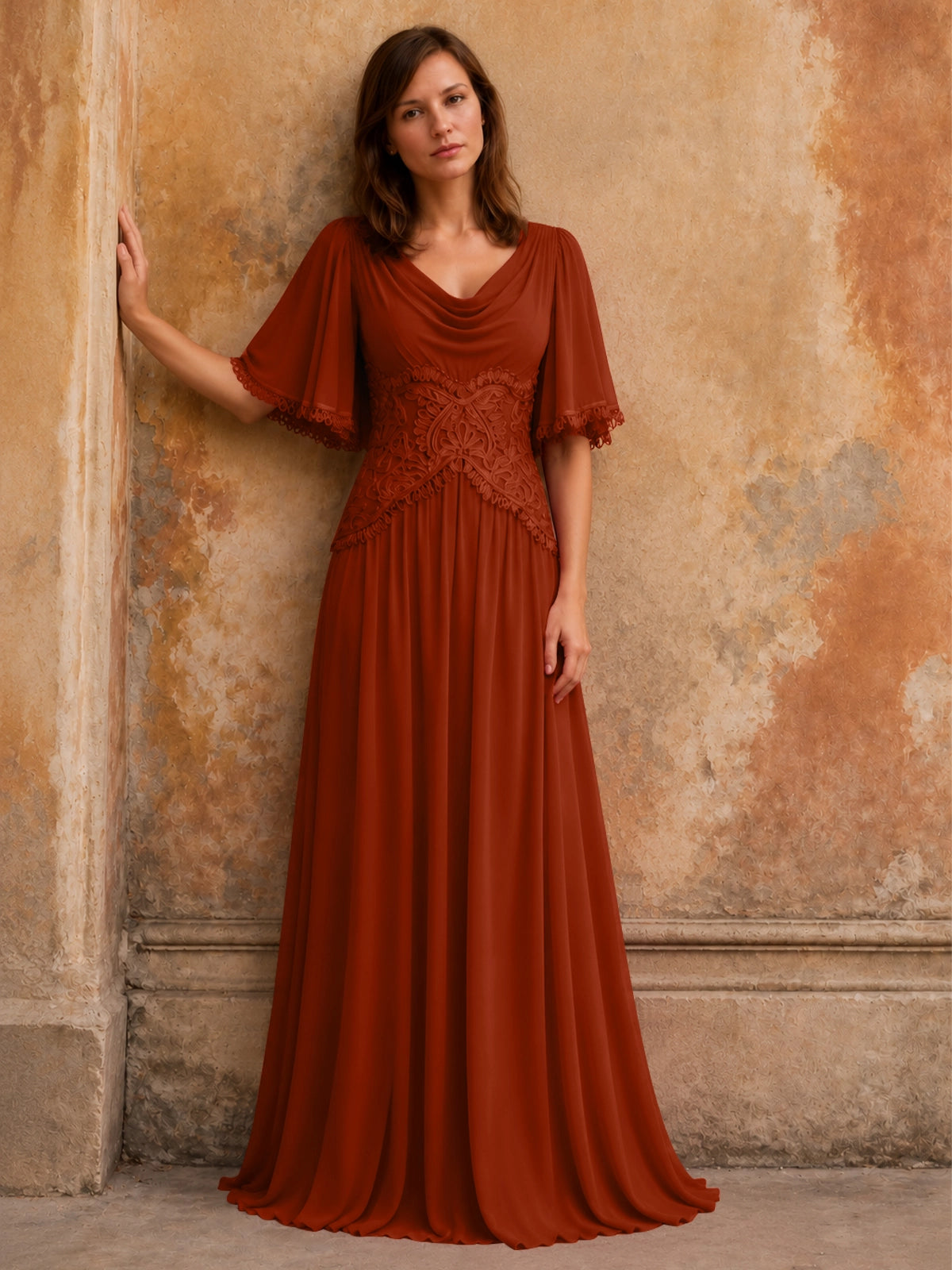 Cowl Neck Mother of the Bride Dress with Applique 