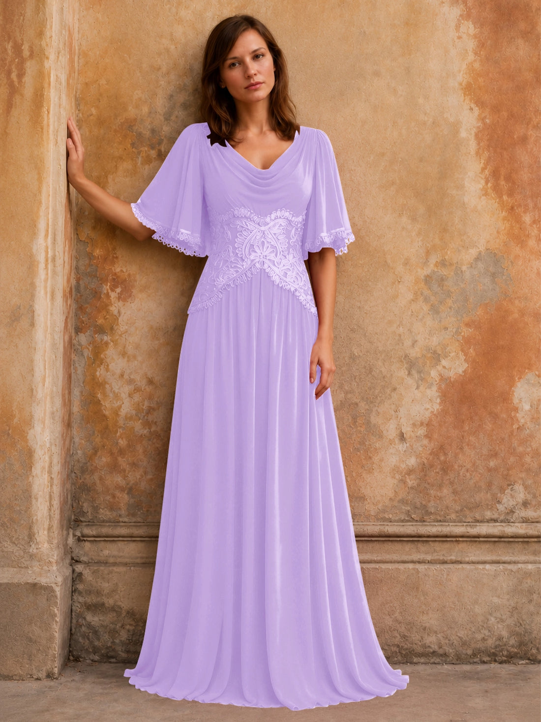 Cowl Neck Mother of the Bride Dress with Applique 