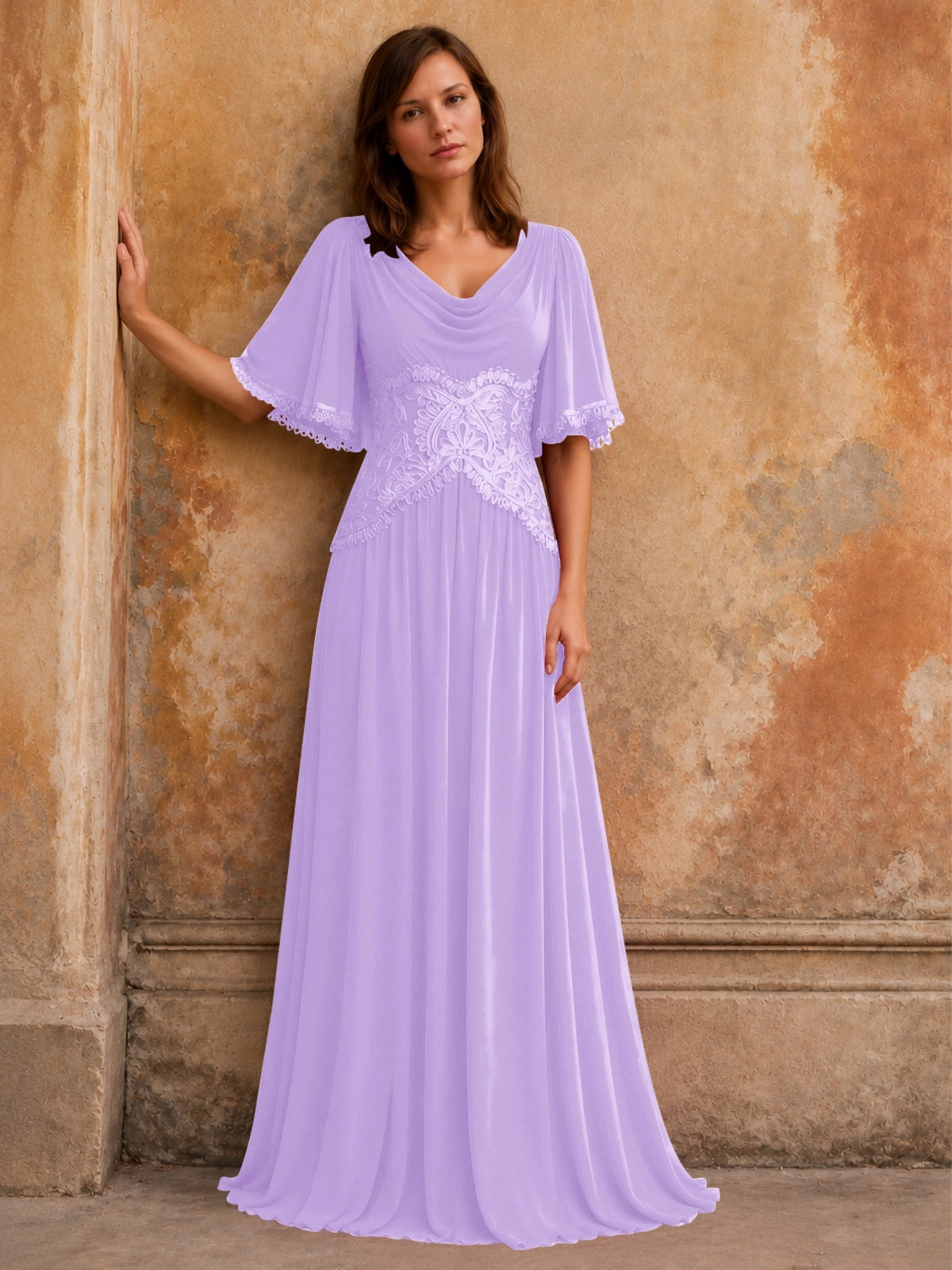 Cowl Neck Mother of the Bride Dress with Applique 