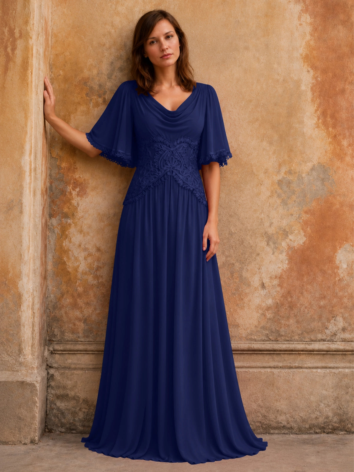 Cowl Neck Mother of the Bride Dress with Applique 