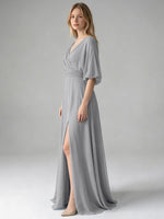 V-neck Slit Ruched Mother Dress 