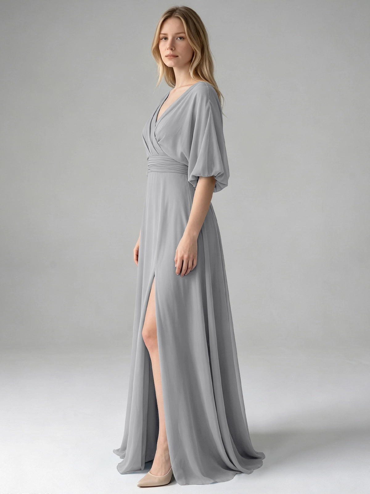 V-neck Slit Ruched Mother Dress 