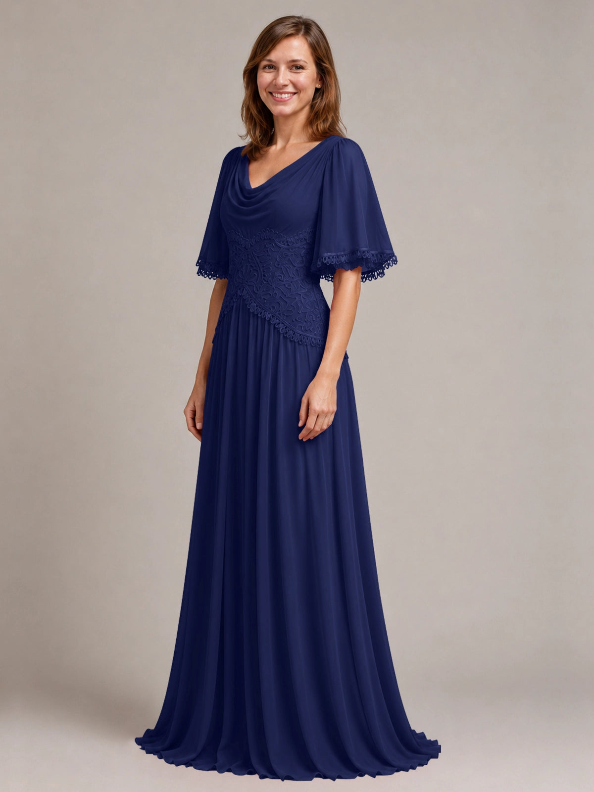 Cowl Neck Mother of the Bride Dress with Applique 