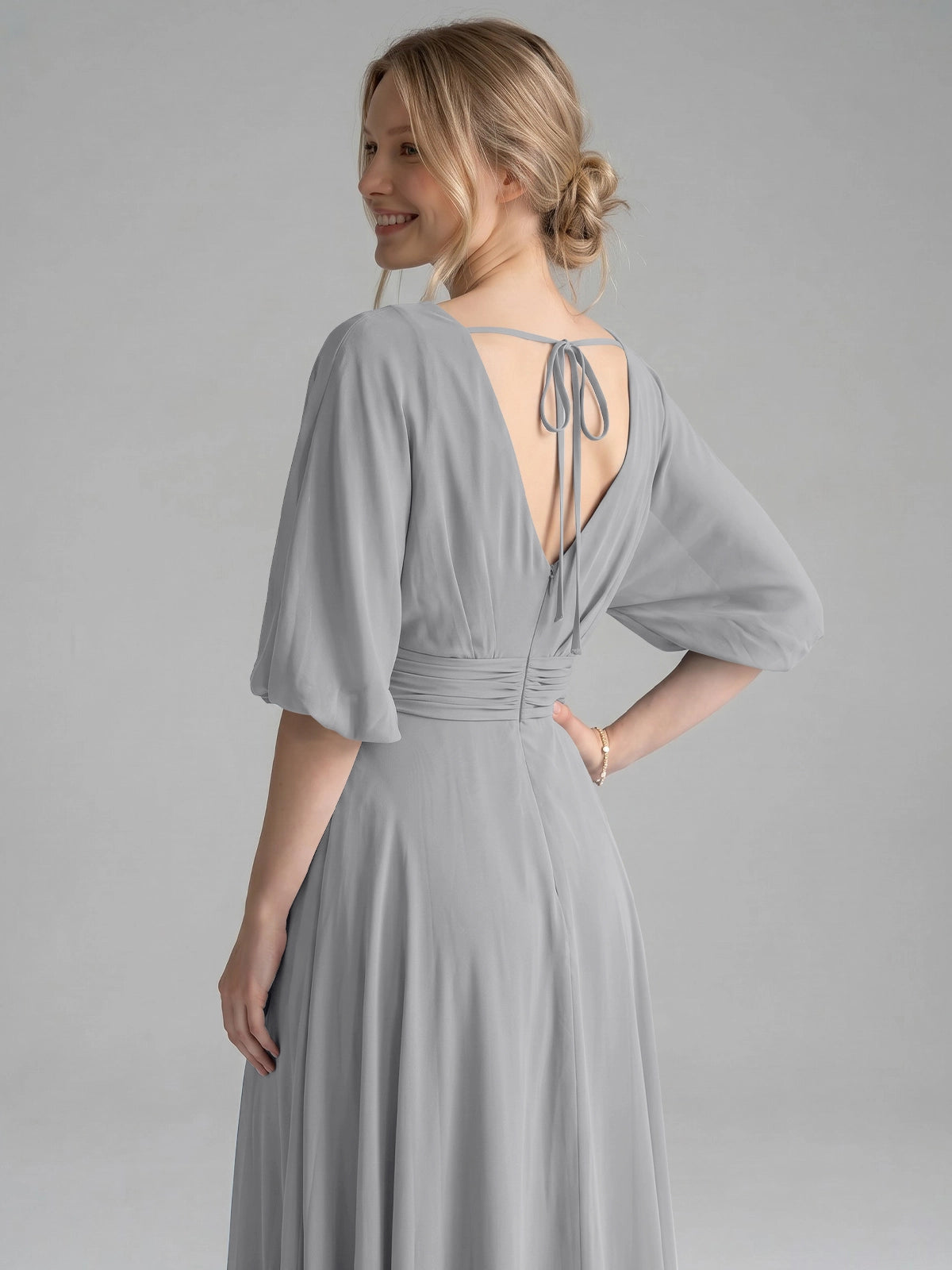V-neck Slit Ruched Mother Dress 