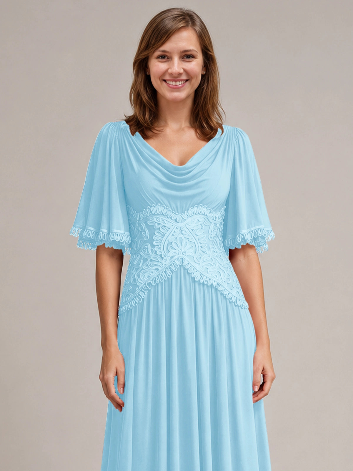 Cowl Neck Mother of the Bride Dress with Applique 