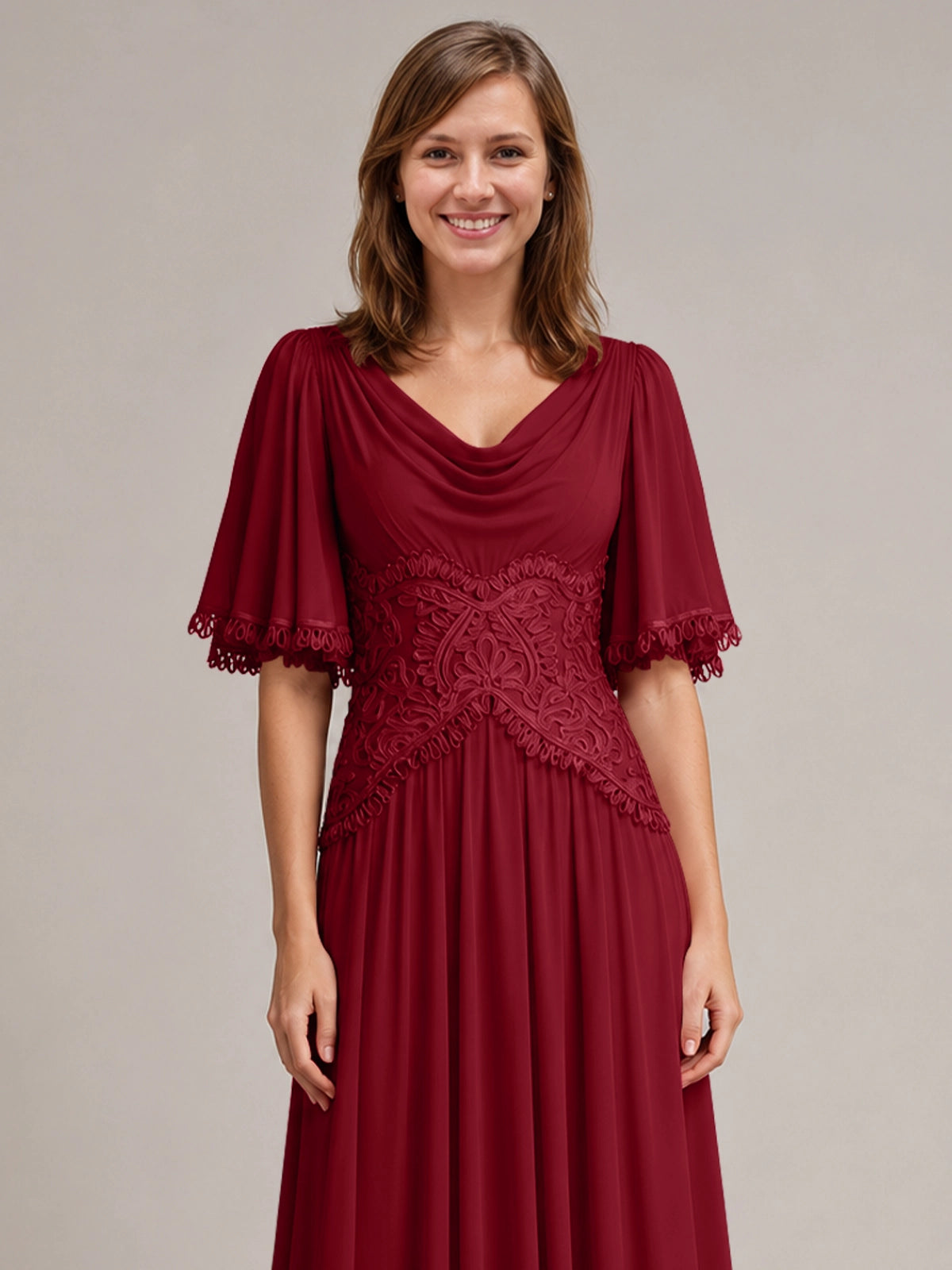 Cowl Neck Mother of the Bride Dress with Applique 