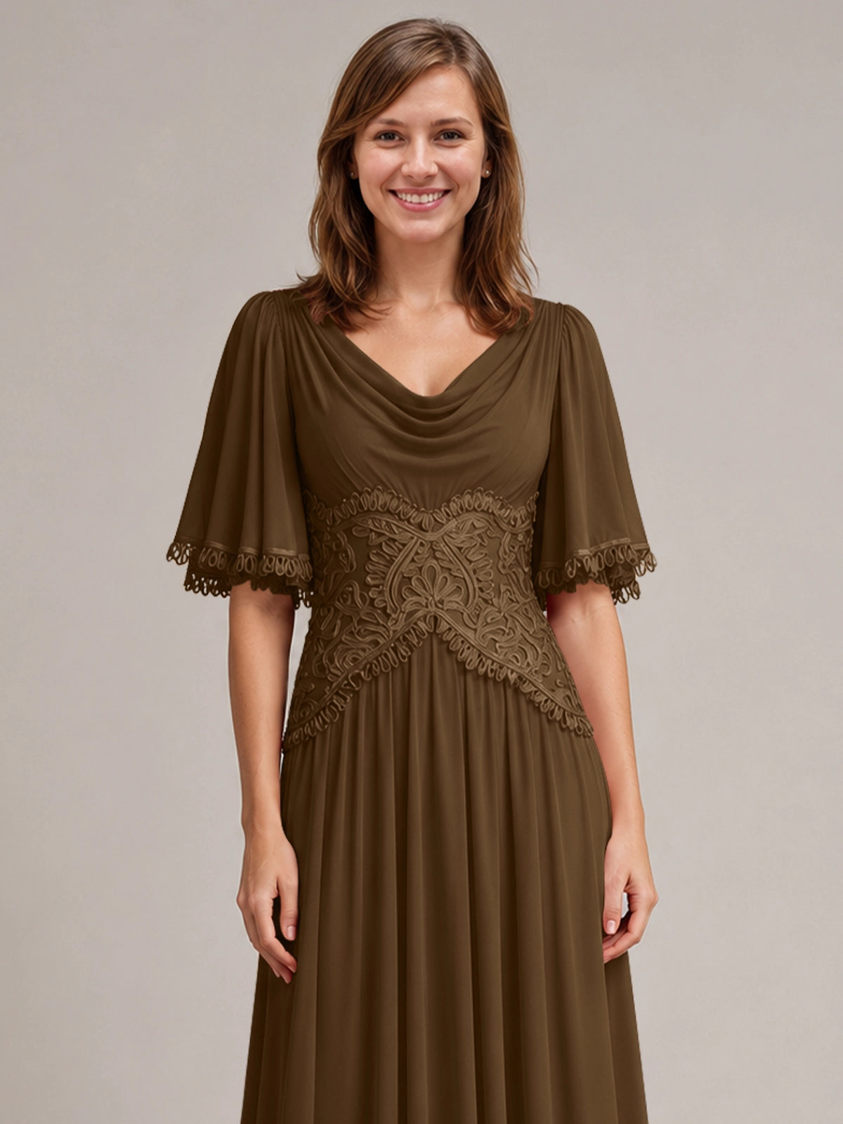 Cowl Neck Mother of the Bride Dress with Applique 