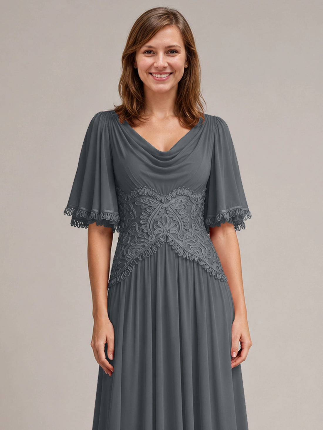 Cowl Neck Mother of the Bride Dress with Applique 