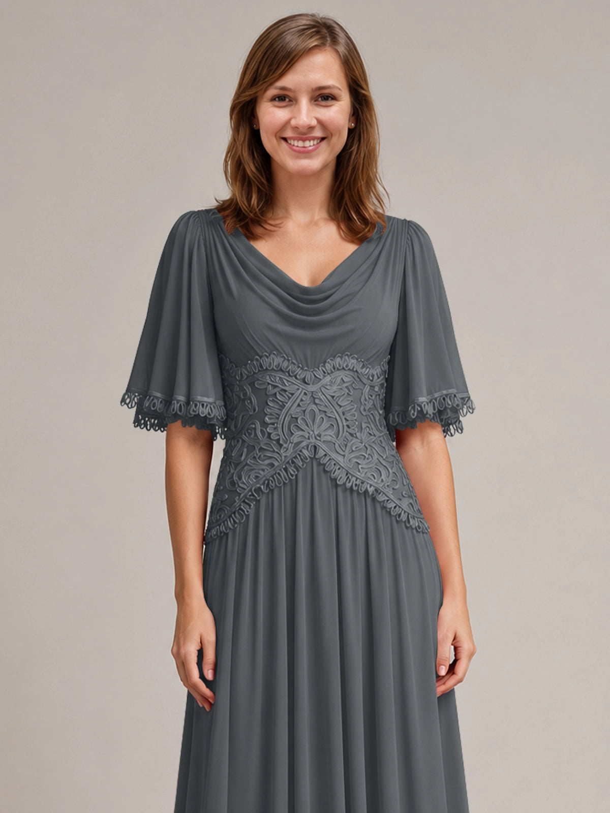 Cowl Neck Mother of the Bride Dress with Applique 