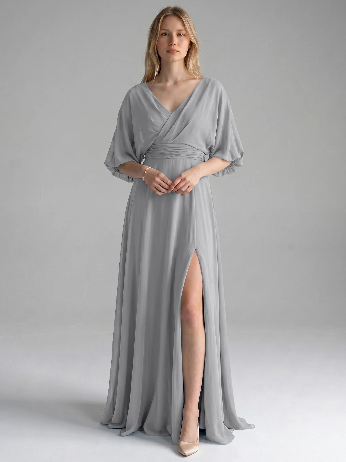 V-neck Slit Ruched Mother Dress 