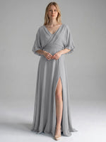 V-neck Slit Ruched Mother Dress 