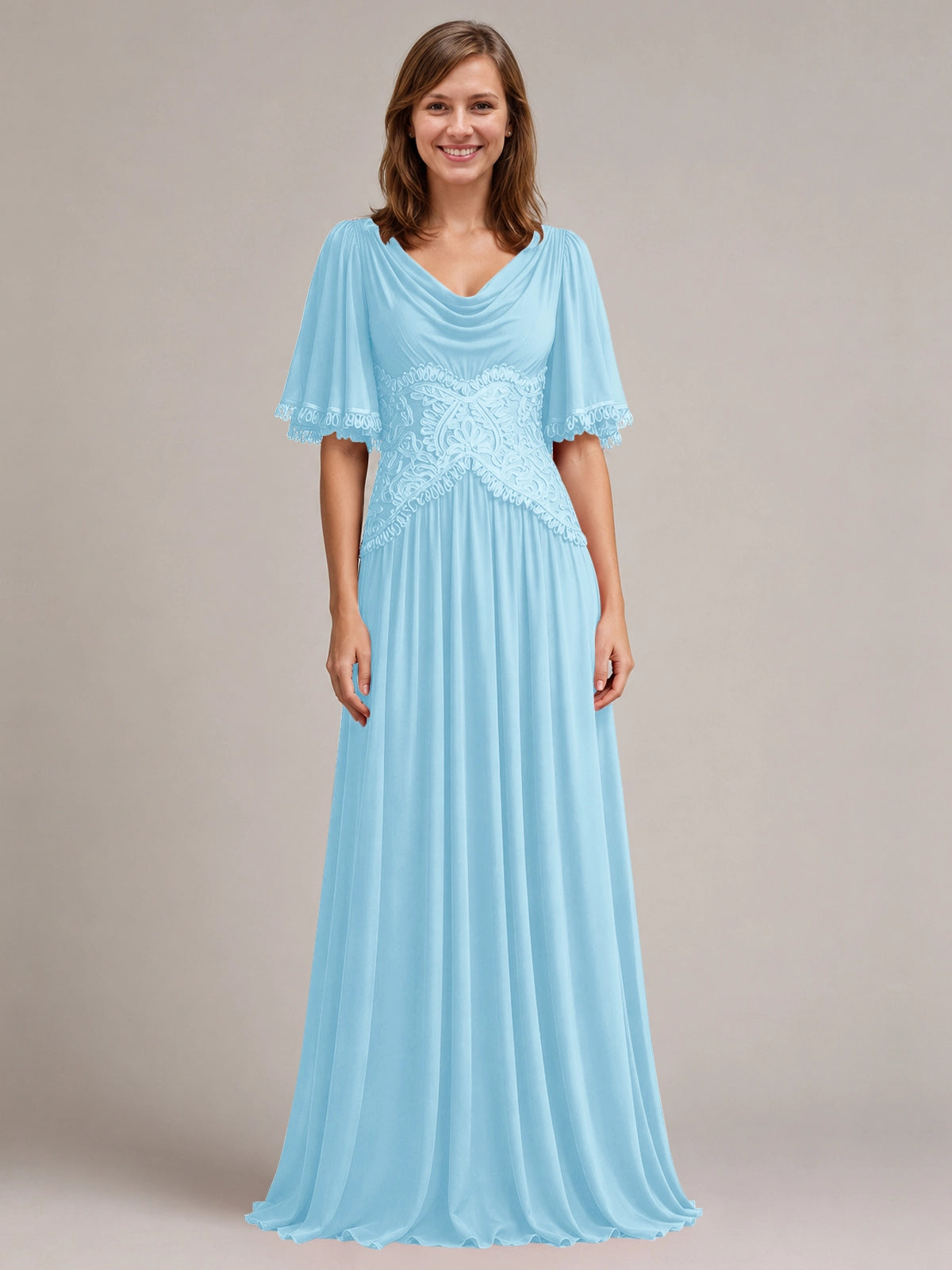 Cowl Neck Mother of the Bride Dress with Applique 
