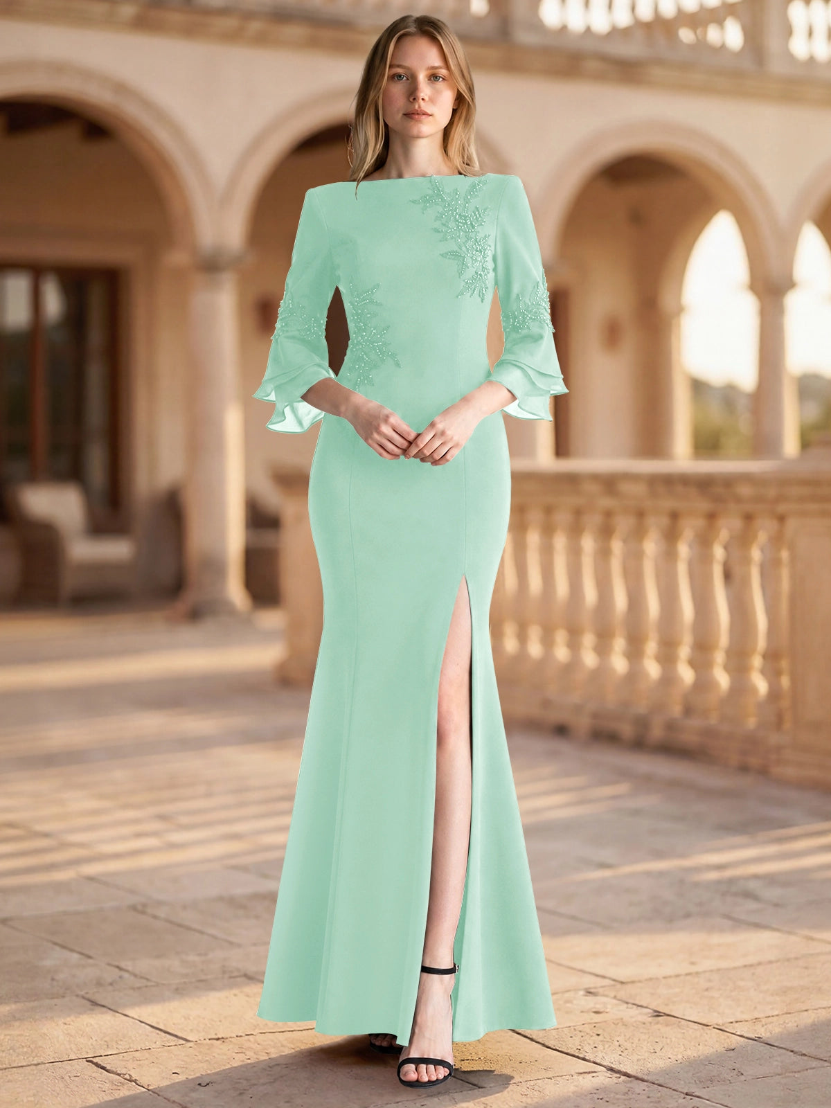 Chiffon Mother of the Bride Dress with 3/4 Sleeves