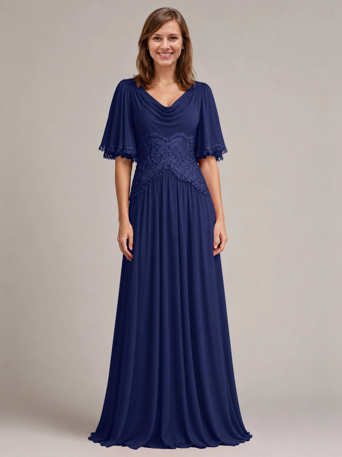 Cowl Neck Mother of the Bride Dress with Applique 