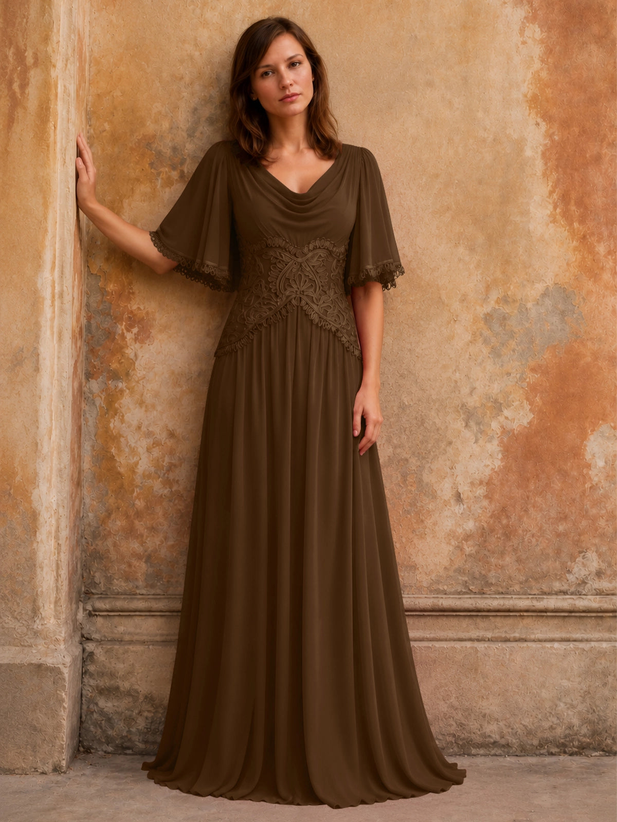 Cowl Neck Mother of the Bride Dress with Applique 