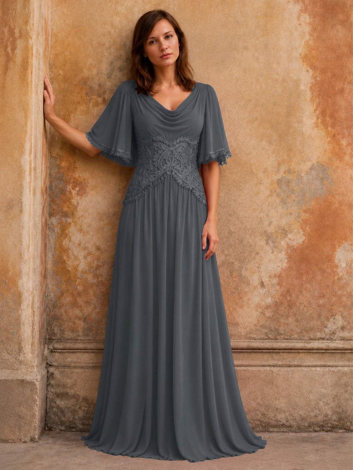 Cowl Neck Mother of the Bride Dress with Applique 
