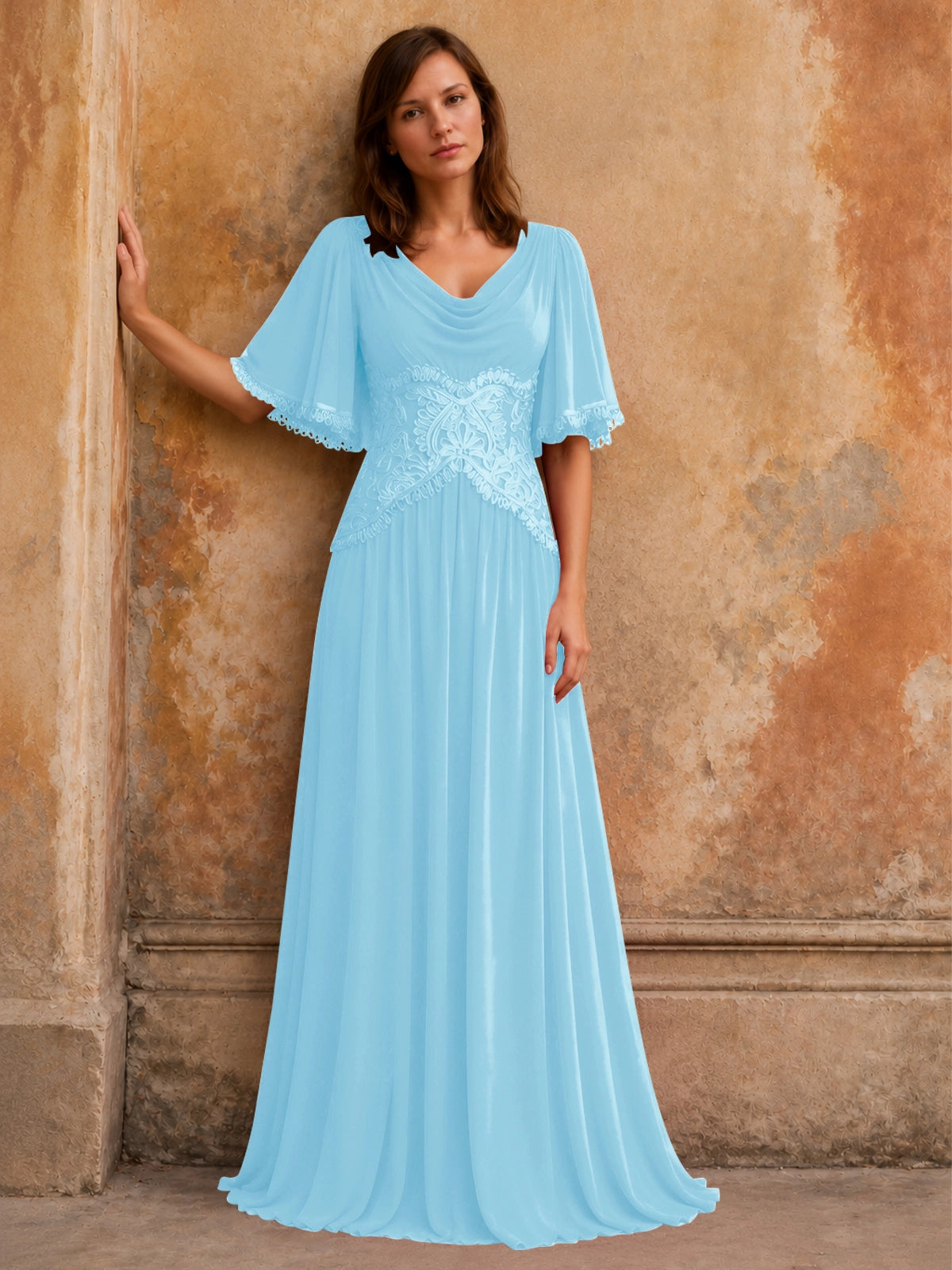Cowl Neck Mother of the Bride Dress with Applique 