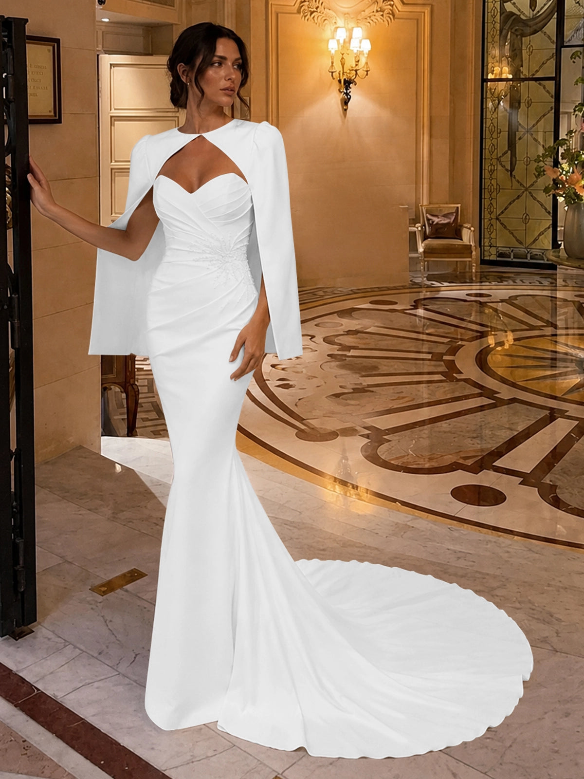 Stretch Satin Wedding Dress with Cape