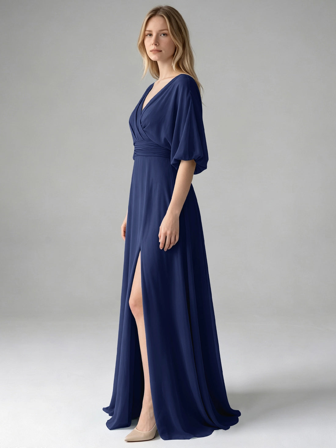 V-neck Slit Ruched Mother Dress 
