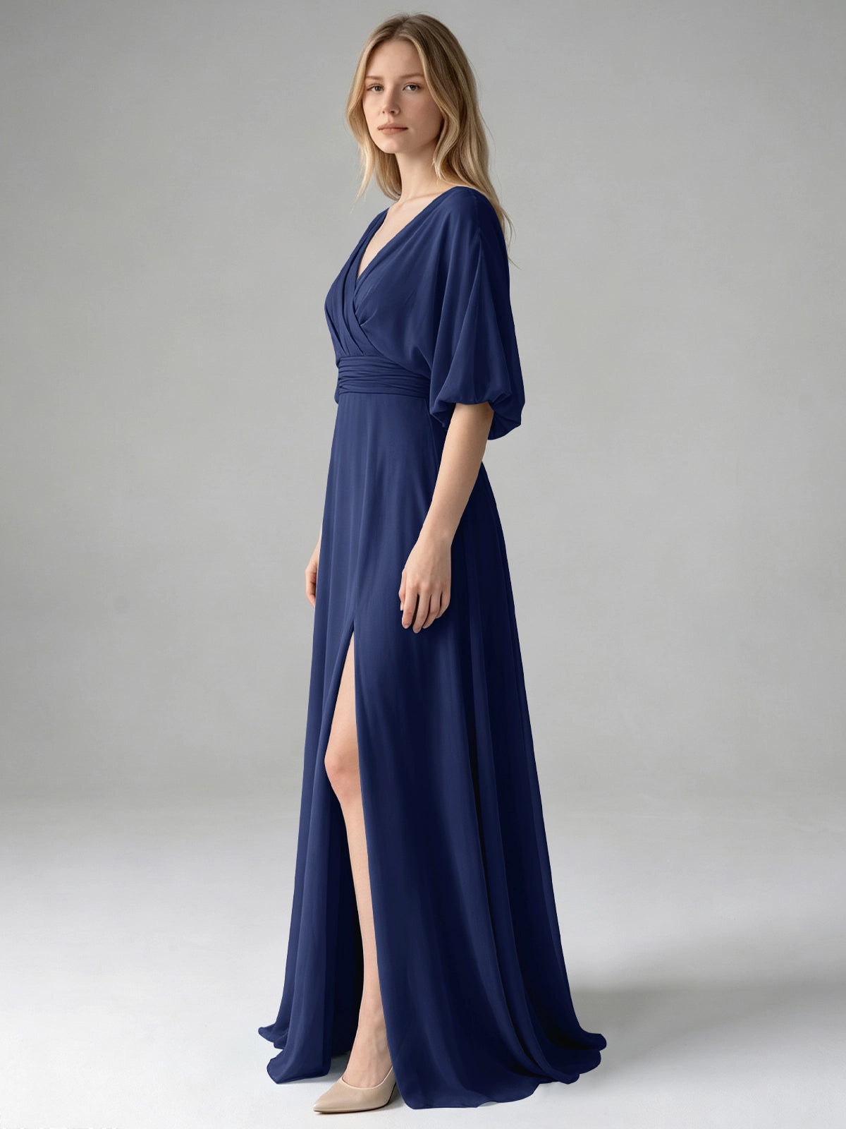 V-neck Slit Ruched Mother Dress 